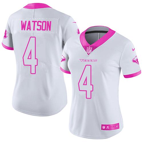 Nike Texans #4 Deshaun Watson White/Pink Women's Stitched NFL Limited Rush Fashion Jersey - Click Image to Close